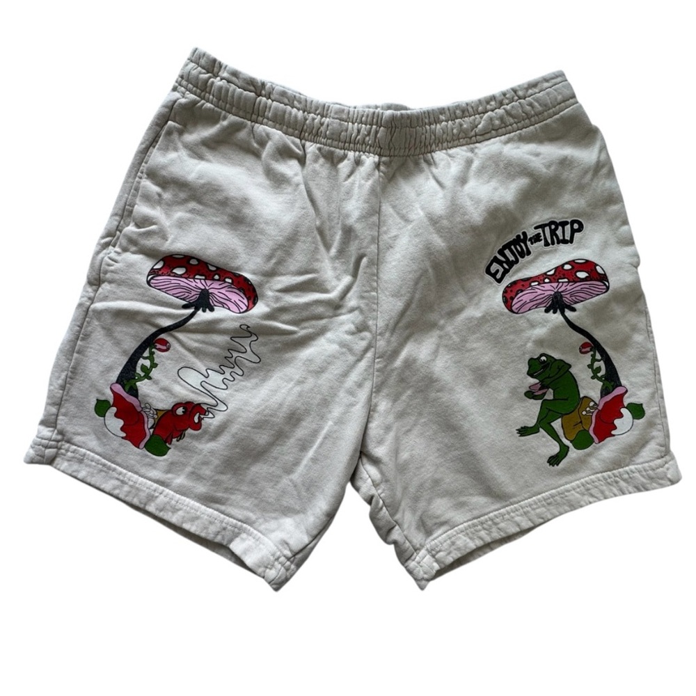 A Lab Sweat Shorts Drawstring Cream Mushrooms Bugs trippy Graphics Size Medium